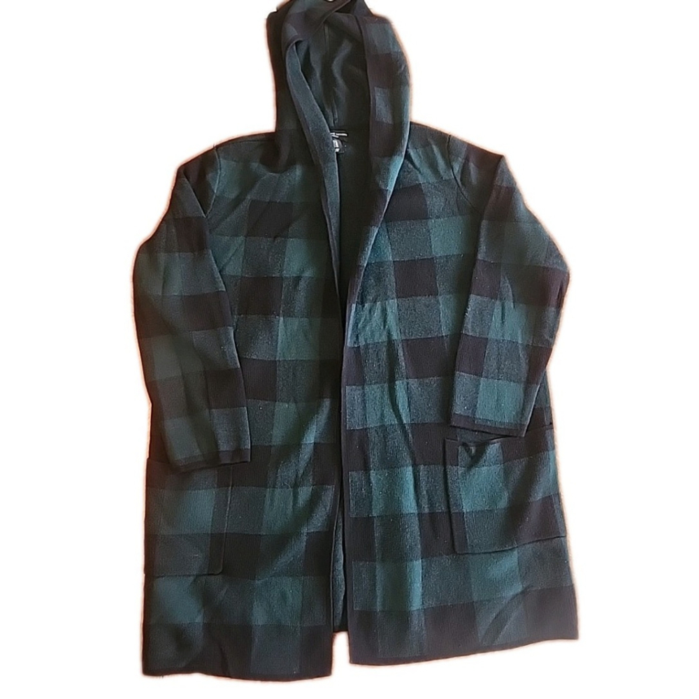 Adrienne Vittadini Women's Green/Black Plaid Heavy Hooded CARDIGAN Sweater 1x